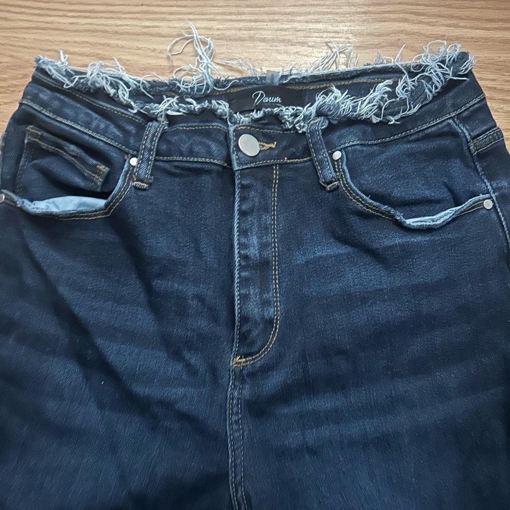 Dark Blue Frayed Hem Straight Leg Jeans